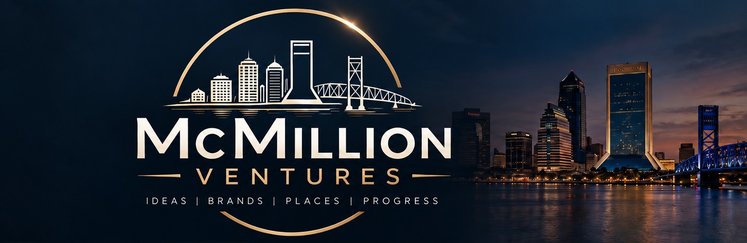 McMillion Ventures identity with Jacksonville skyline and bridge at dusk